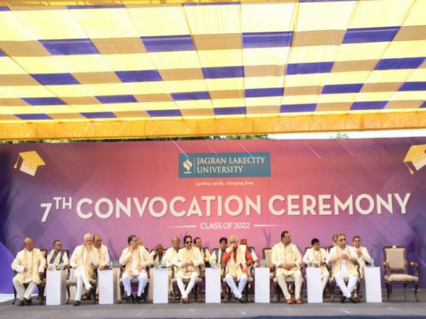 Hari Mohan Gupta, Chancellor, and Abhishek Mohan Gupta, Pro-Chancellor, Jagran Lakecity University along with other distinguished guests at its Seventh Convocation Ceremony