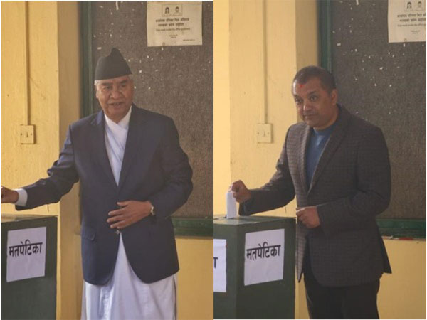 Nepali Congress President Sher Bahadur Deuba, General Secretary Gagan Thapa cast votes for parliamentary party leader election (Photo/ANI)