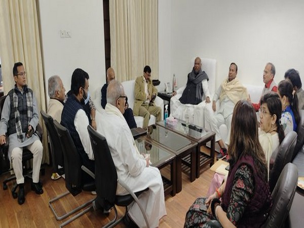 A visual from the meeting of Opposition parties' floor leaders at Kharge's chamber in Parliament (Photo/ANI)