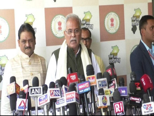 CM Bhupesh Baghel talking to media persons in Raipur on Thursday (Photo/ANI)