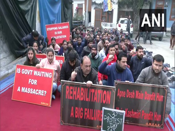 Kashmir Pandits protesting over the issue of rehabilitation. (Photo/ANI)