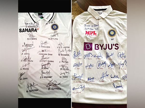 Jersey from Unadkat's debut in 2010 (left), jersey from his second Test in 2022 (right). (Photo- Jaydev Unadkat Twitter)