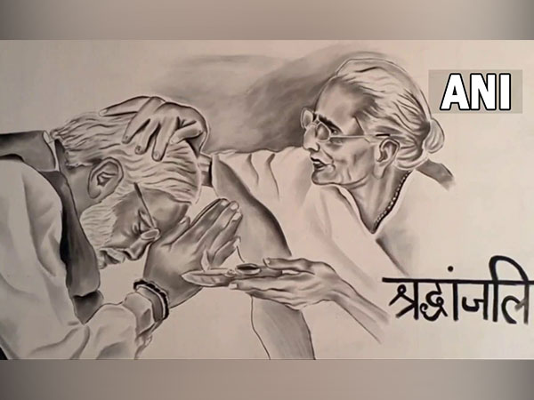 The sketch shows PM Modi being blessed by Heeraben. (Photo/ANI)