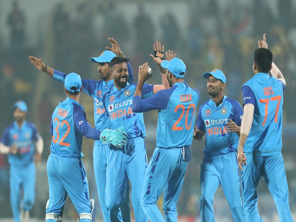 Indian team celebrating after the fall of Sri Lankan wicket in third T20I in Rajkot (Image: BCCI Twitter)