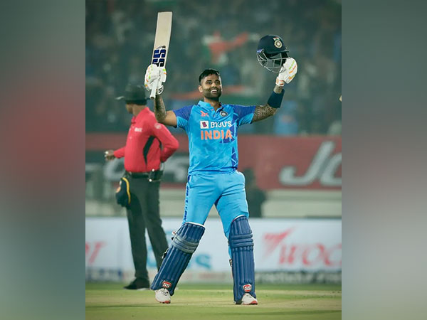 Suryakumar Yadav celebrates after scoring a ton against Sri Lanka in third T20I in Rajkot (Image: BCCI Twitter)