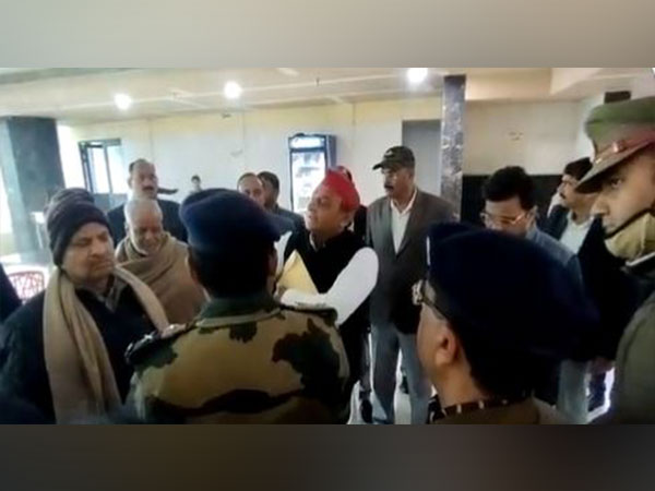 Akhilesh Yadav at police headquarters in Lucknow on Sunday. (Photo/ANI)