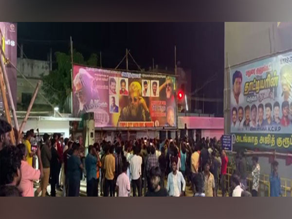 Fans celebrating the movie release outside Rohini Theatre. (Photo/ANI)