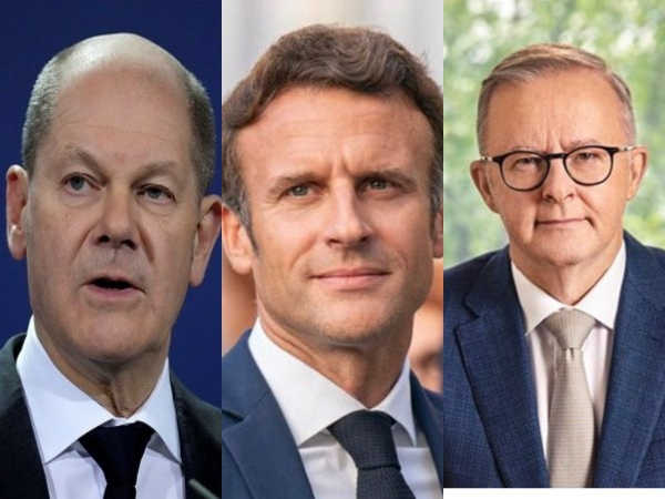 German Chancellor Olaf Scholz, French President Emmanuel Macron and Australian PM Anthony Albanese