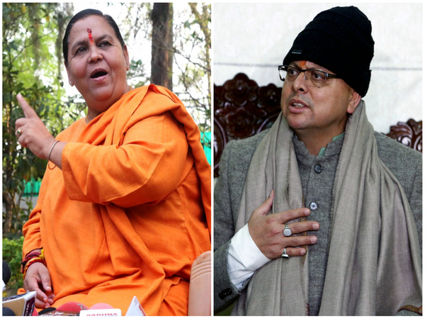 Former Union Minister Sushri Bharti (left) and Uttarakhand CM Pushkar Singh Dhami (right) (Photo/ANI)