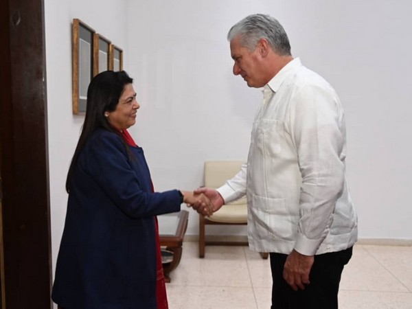 MoS Meenakashi Lekhi with Cuba's President Miguel Diaz-Canel (Image Credit: Lekhi's Twitter)
