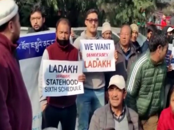 People from Leh and Kargil protest demanding statehood for Ladakh(Photo/ANI)