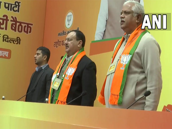 BJP national president JP Nadda with the party's national general secretary (Organisation) BL Santhosh at the office bearers' meeting on Monday.(Photo/ANI)