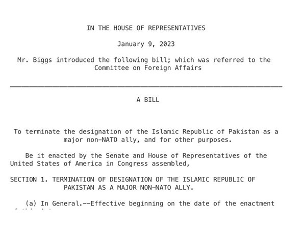 Bill tabled in US house to terminate Pakistan 'Non NATO ally Status'.