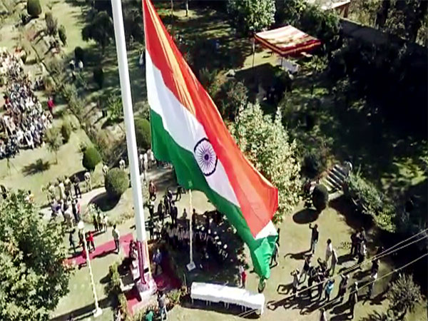 A 108 feet high National Flag installed at Langate Park, Handwara, in Kupwara (Photo:ANI)