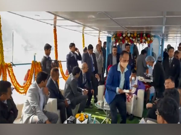 Union Minister Hardeep Singh Puri riding inland water vessel in Brahmaputra river (Image Source: Twitter/@HardeepSPuri)