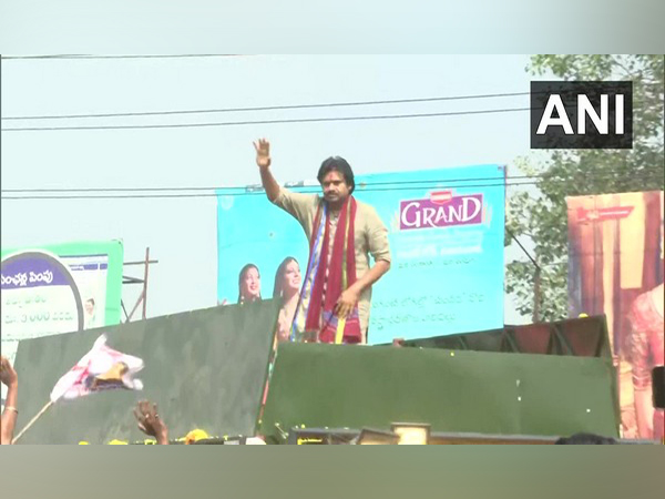 Jana Sena chief Pawan Kalyan on his  party's campaign vehicle 'Varahi' (Photo/ANI)