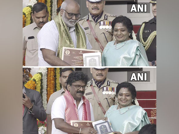 MM Keeravani with Telangana Governor Tamilisai Soundararajan (above), Chandrabose with governor. (Photo/ANI)