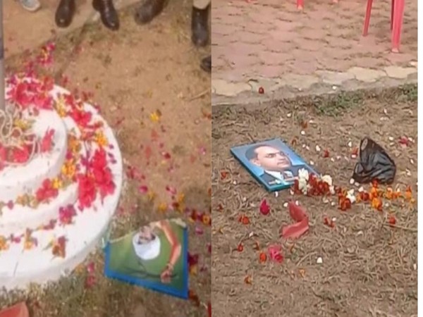 Damaged photos of Dr Bhimrao Ambedkar and Birsa Munda (Photo/ANI)