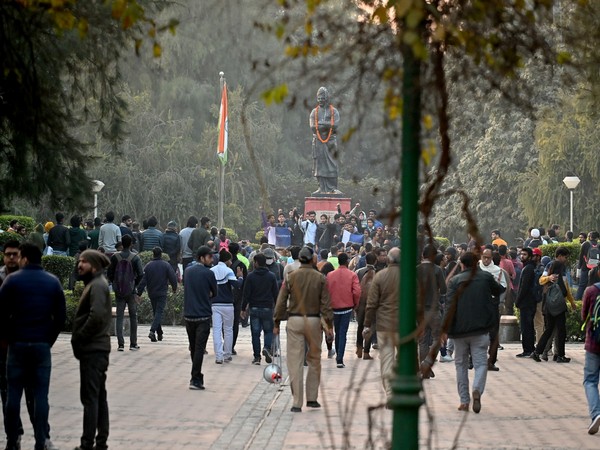 Students protest outside Faculty of the Arts, Delhi University, in New Delhi on Friday (Photo/ANI)