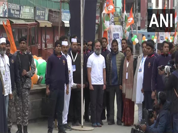 Congress MP Rahul Gandhi unfurled the national flag at Lal Chowk in Srinagar. (Photo/ANI)
