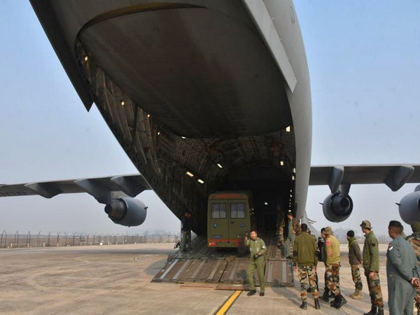 An IAF C-17 with relief material from India in Adana, Turkey