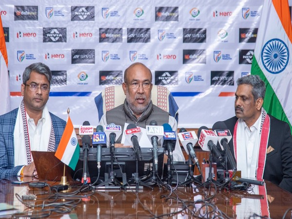 AIFF President Kalyan Chaubey (Left), Manipur Chief Minister N Biren Singh (Centre) and AIFF Secretary General Shaji Prabhakaran (Right) (Image: AIFF media)
