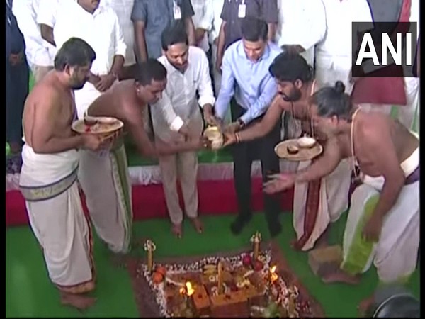 Andhra Pradesh CM YSR Jagan Mohan Reddy laid the foundation stone of JSW steel plant in YSR Kadapa district.  (Photo/ANI)
