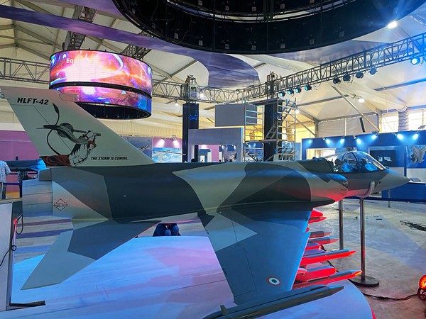 Hindustan Aeronautics Limited is showcasing the full-scale model of supersonic trainer aircraft named HLFT-42 at the Aero India show (Photo/ANI)