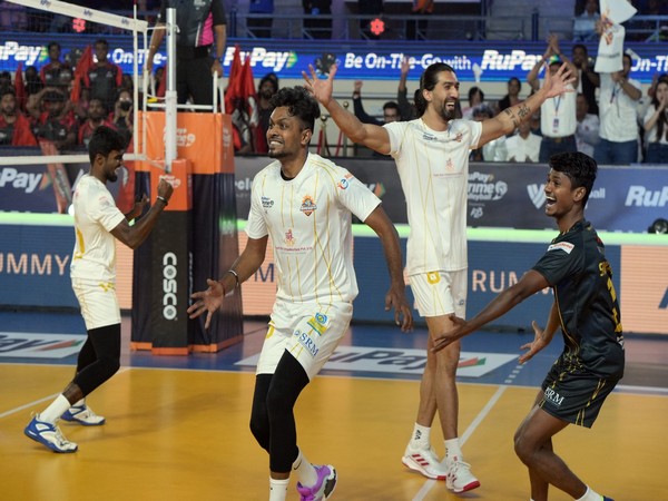 Ahmedabad Defenders celebrate after scoring a point in PVL (Image: PVL)