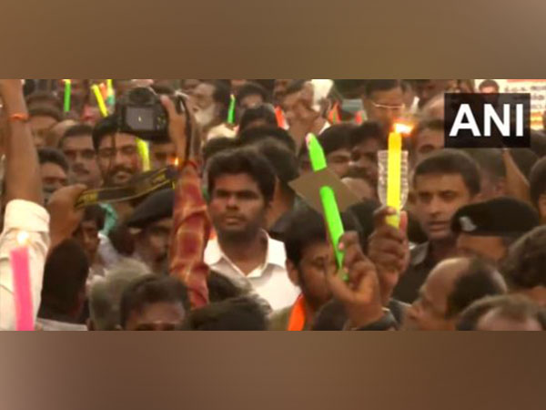 Tamil Nadu BJP President K Annamalai along with party workers held a candlelight march against the DMK government in Chennai. (Photo/ANI)