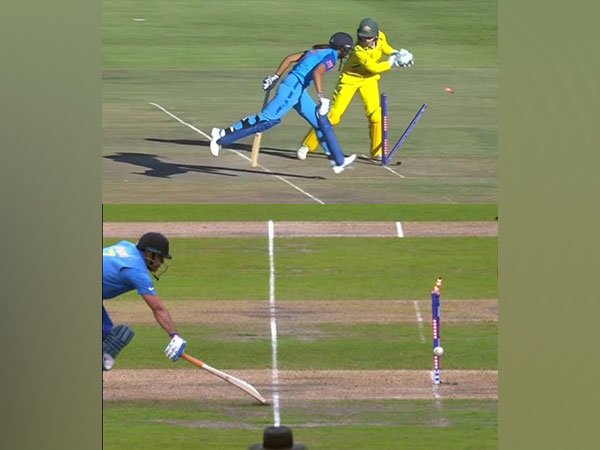 Harmanpreet Kaur's run out (Top) and Mahendra Singh Dhoni's run out (Bottom) (Image: Virender Sehwag's Twitter)