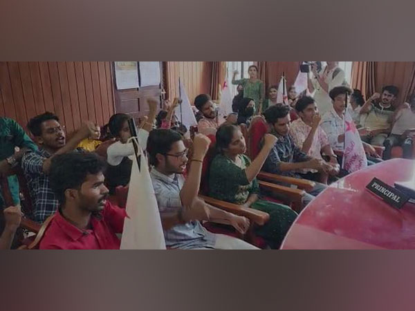 Students protesting against the Principal of Government College in Kasaragod. (Photo/ANI)