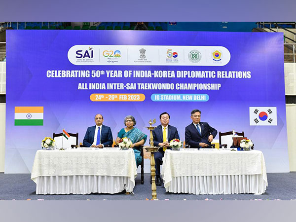 DG SAI Sandip Pradhan and Sports Secretary Sujata Chaturvedi with Korean officials at All-India Inter SAI Taekwondo Championship (Image: SAI media)