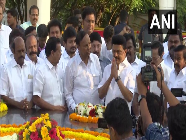 CM MK Stalin paid floral tribute to former chief ministers of Tamil Nadu M Karunanidhi and CN Annadurai on Wednesday. (Photo/ANI)