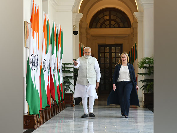 PM Narendra Modi with Italian PM Giorgia Meloni at Hyderabad House in Delhi. (Photo Credit - Twitter/Arindam Bagchi)