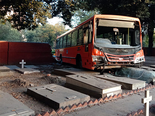 DTC bus crashed into Christian cemetery at Prithviraj Road. (Photo/ANI0