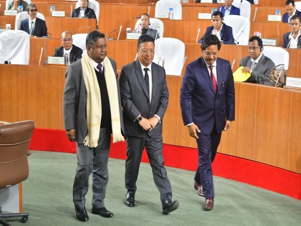 Meghalaya Chief Minister Conrad K Sangma (right corner) with the newly elected speaker of the House Thomas A Sangma (Centre). (Photo/ANI)