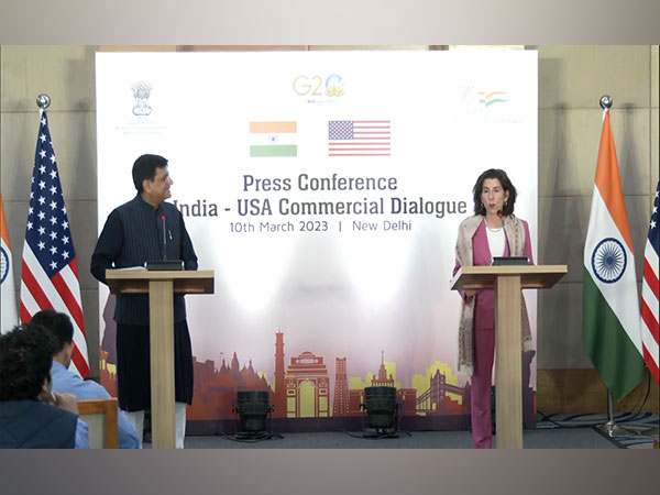 Union Minister Piyush Goyal and US Secretary of Commerce Gina Raimondo at the Indo-US Joint Statement. (Photo/ANI)