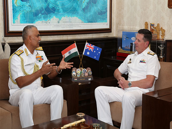 VAdm Mark Hammond, the Chief of Navy, Australia with Admiral R Hari Kumar, Chief of the Naval Staff. (Photo/ANI)