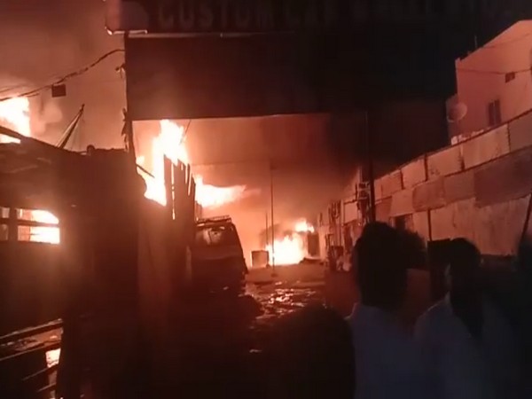 Massive fire breaks out in a wooden warehouse in Hyderabad's Rajendranagar on Sunday (Photo/ANI)