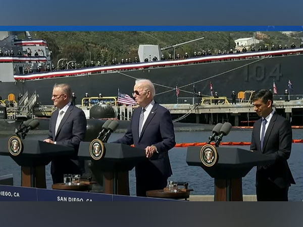 Australian PM Anthony Albanese, US President Joe Biden and UK Prime Minister Rishi Sunak addressing a press conference at San Diego, California (Photo/ANI)