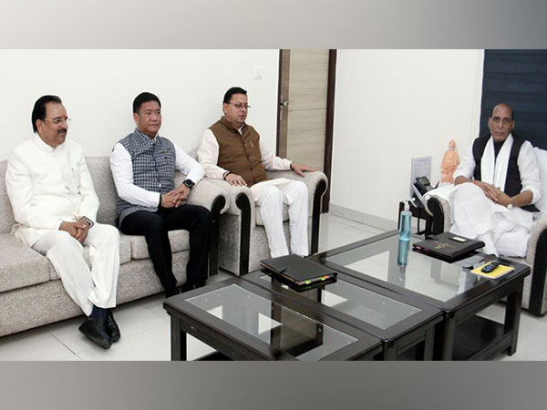 Uttarakhand Chief Minister Pushkar Singh Dhami, Defence Minister Rajnath Singh and Chief Secretary Dr SS Sandhu (File Photo/ANI)