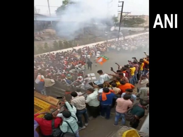 Police use water cannon, fire tear gas shells against BJP workers gathered outside Chhattisgarh Assembly in Raipur demanding houses for the poor under PMAY in the state. (Photo/ANI)