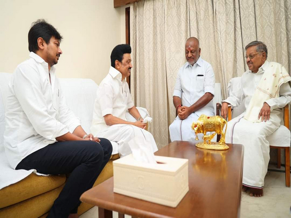 TN CM MK Stalin, son Udayanidhi Stalin visit O Paneerselvam in Chennai. (Photo/ANI)