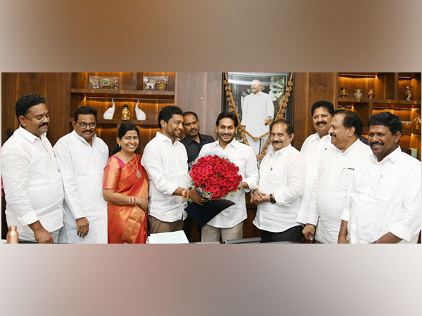 The newly elected MLCs with CM YS Jagan Mohan Reddy at his chamber. (Photo/ANI)