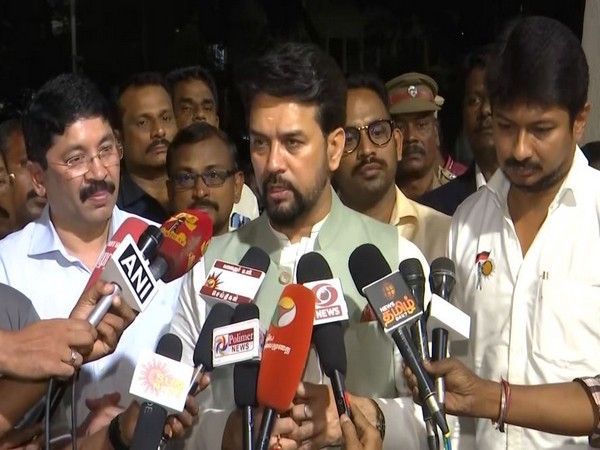 Union Minister Anurag Thakur with TN sports minister Udhayanidhi Stalin and MP Dayanidhi Maran in Chennai (Photo/ANI)