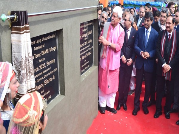 Jammu and Kashmir LG Manoj Sinha aid the foundation stone of Mall of Srinagar by Emaar. (Photo/Twitter: @OfficeOfLGJandK)