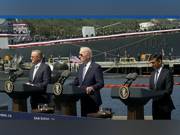 Australian PM Anthony Albanese, US President Joe Biden and UK Prime Minister Rishi Sunak addressing a press conference at San Diego, California (Photo/ANI)