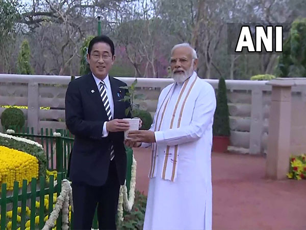 Prime Minister Narendra Modi and Japan PM Fumio Kishida during their visit to Buddha Jayanti Park in Delhi. (ANI)