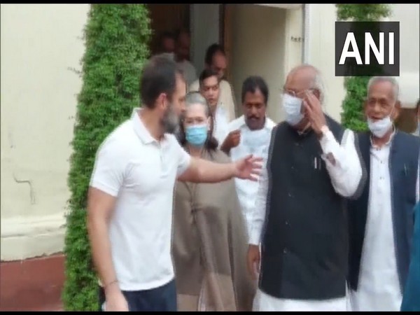 Congress MP Rahul Gandhi helps party chief Mallikarjun Kharge down the stairs of party office in Parliament premises, Delhi. (Photo/ANI)